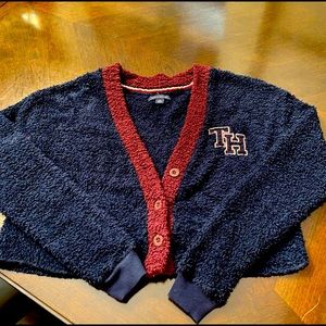 Tommy Hilfiger cropped three button sweater cardigan.